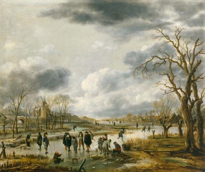 Scene on the ice outside the town walls, Aert van der Neer